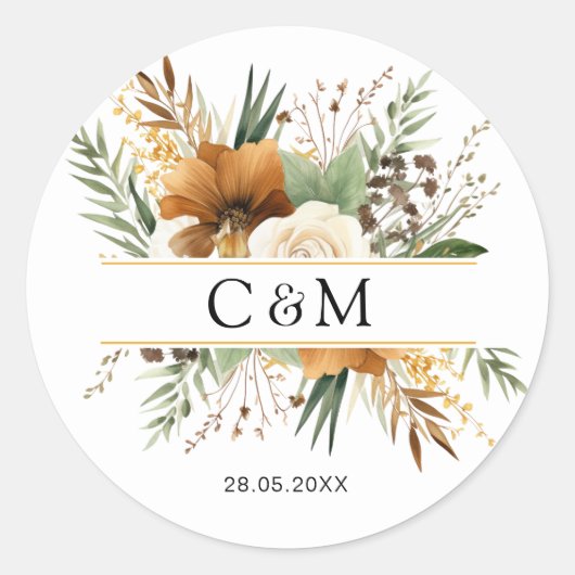 Sticker Rond Monogramme, boho, bouquet de fleurs élégant (Devant)