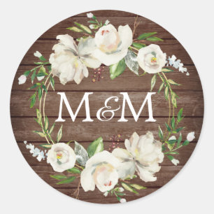 Sticker Rond Monogramme Bois rustique Antique Blanc Floral Mari