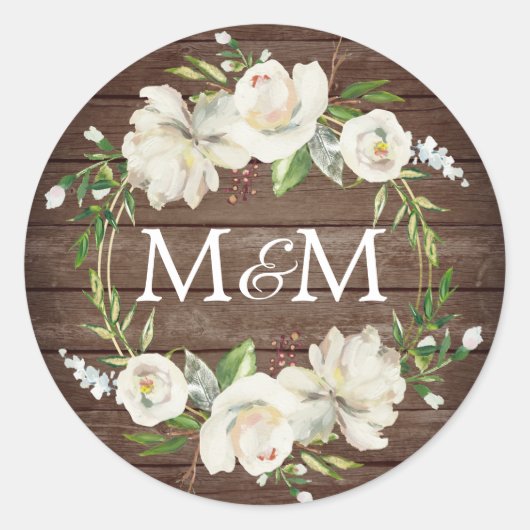Sticker Rond Monogramme Bois rustique Antique Blanc Floral Mari (Devant)