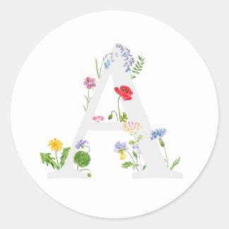Sticker Rond monogramme botanique alphabet A fleur sauvage
