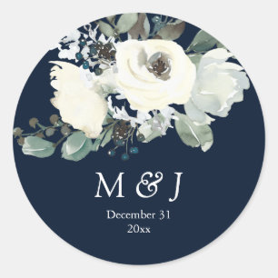 Sticker Rond Monogramme botanique bleu et blanc Dusty - Navy