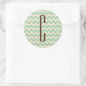 Sticker Rond Monogramme Brown sur Motif Turquoise Green Chevron (Sac)