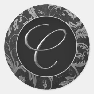 Sticker Rond Monogramme C Silver et phoque Mariage damassé noir