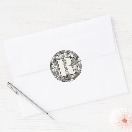 Sticker Rond Monogramme cachemire noir et blanc (Enveloppe)