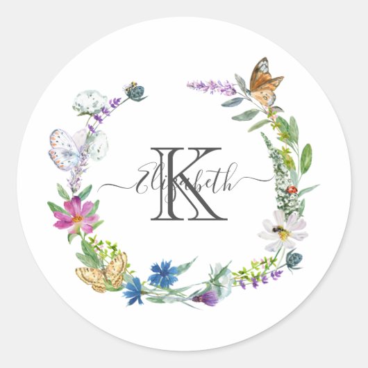 Sticker Rond Monogramme Calligraphie Papillons Fleurs  (Devant)