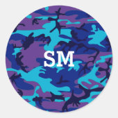 Sticker Rond Monogramme Camouflage bleu foncé et violet (Devant)
