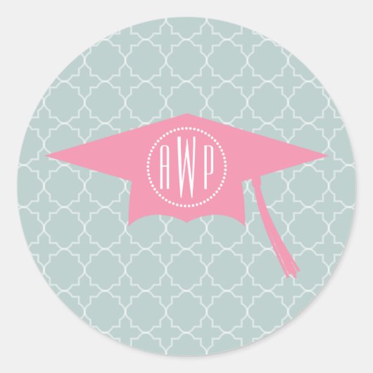 Sticker Rond Monogramme Casquette de graduation rose + Quatrefo (Devant)