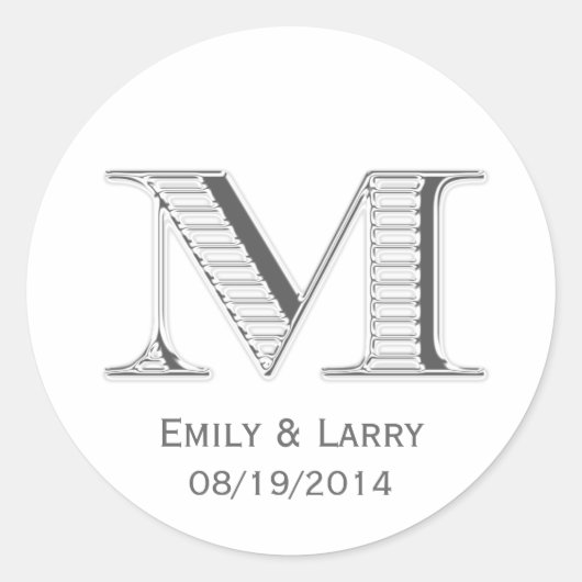 Sticker Rond Monogramme chromé blanc imprimé M mariage faveur (Devant)