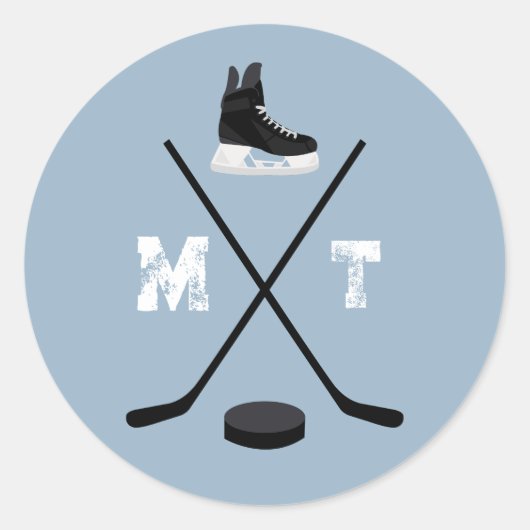 Sticker Rond Monogramme classique de hockey sur glace bleu pous (Devant)