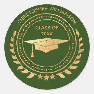 Sticker Rond Monogramme classique d'or vert pour diplômés perso