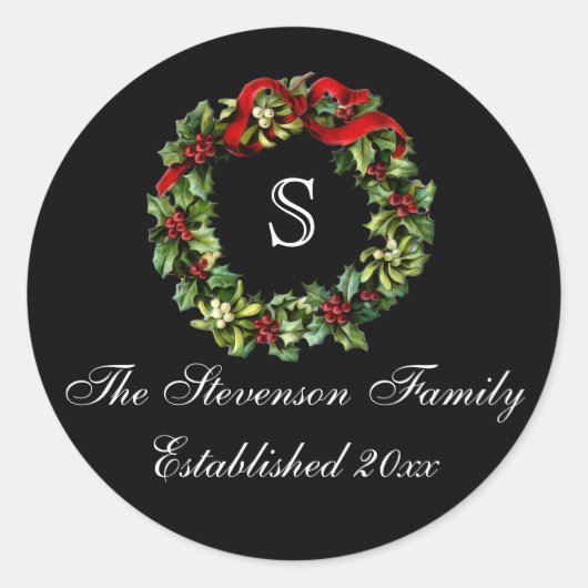 Sticker Rond Monogramme classique Holly Wreath Custom Christmas (Devant)