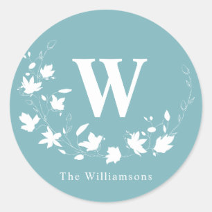 Sticker Rond Monogramme classique Nom Turquoise Floral Wreath C