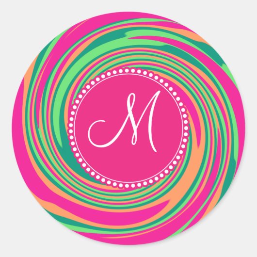 Sticker Rond Monogramme Coral Hot rose vert tourbillon (Devant)