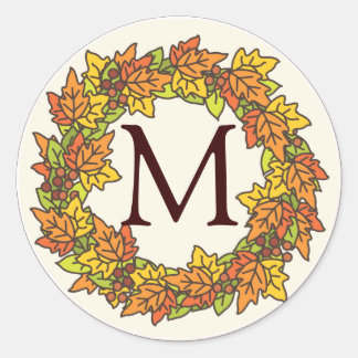 Sticker Rond Monogramme couronne d'automne du sceau Feuille