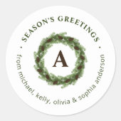 Sticker Rond Monogramme Couronne de Pin Merry Christmas (Devant)