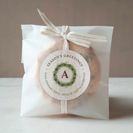 Sticker Rond Monogramme Couronne de Pin Merry Christmas