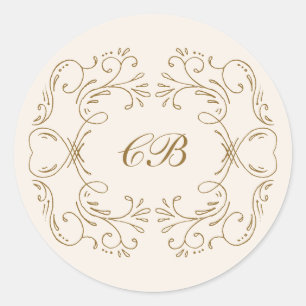 Sticker Rond Monogramme Couronne Flourish Or Wedding Date Éléga