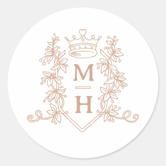 Sticker Rond Monogramme couronne rose or mariage (Devant)