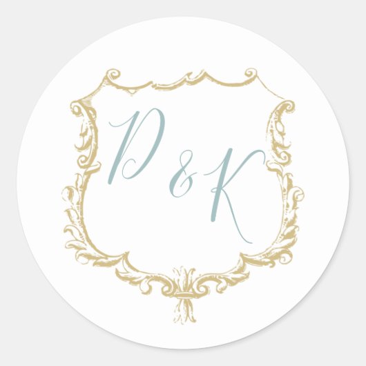Sticker Rond Monogramme Crest Gold Dusty bleu Mariage (Devant)