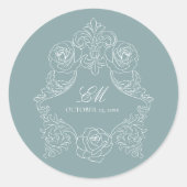 Sticker Rond Monogramme Crest Ornement Dusty Blue Mariage Logo (Devant)