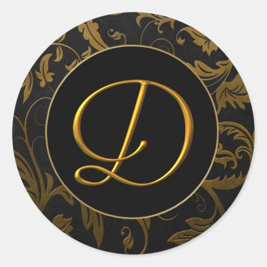 Sticker Rond Monogramme D Gold et Black Mariage damassé Seal (Devant)