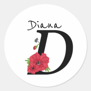 Sticker Rond Monogramme D, lettre D, fleurs, monogramme