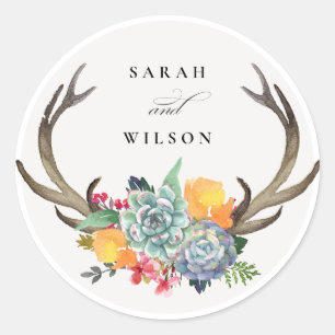 STICKER ROND MONOGRAMME D'ALLURE BOHÉMIENNE D'ANTLER SUCCULAIRE