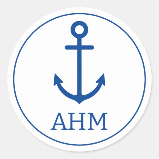 Sticker Rond Monogramme d'Ancre marine bleu et blanc simple (Devant)