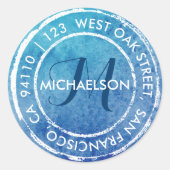 Sticker Rond Monogramme d'aquarelle bleu rustique | Adresse ron (Devant)