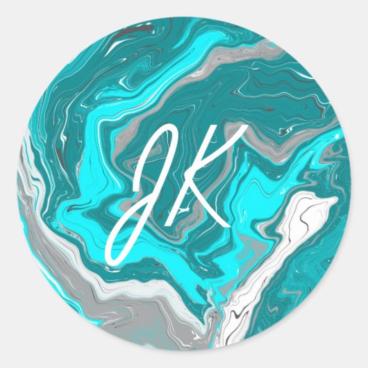 Sticker Rond Monogramme d'art fluvial en marbre bleu, Turquoise (Devant)