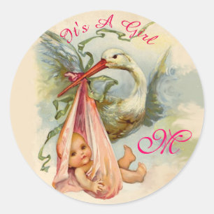 STICKER ROND MONOGRAMME DE BABY SHOWER DE CIGOGNE,