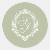 Sticker Rond Monogramme de blason classique vert sauge d'argent (Devant)