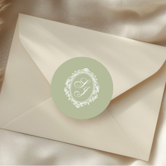 Sticker Rond Monogramme de blason classique vert sauge d'argent