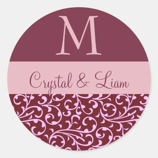Sticker Rond MONogramme de BURGUNDY et PINK Mariage damassé (Devant)