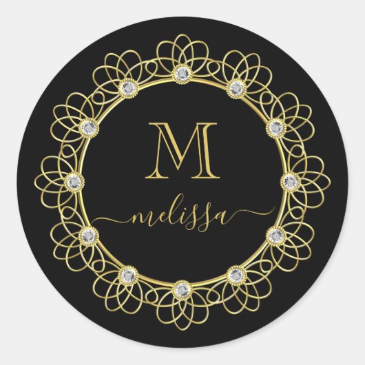 Sticker Rond Monogramme de cadre bijoux en or avec nom Roun cla (Devant)