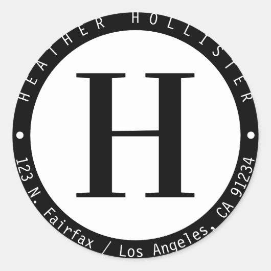 Sticker Rond Monogramme de cadre Cercle Noir & Blanc Adresse de (Devant)