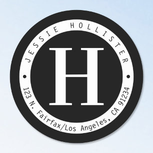 Sticker Rond Monogramme de cadre Cercle Noir & Blanc Adresse de