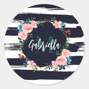 Sticker Rond Monogramme de cadre floral et rayures
