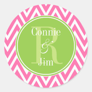 Sticker Rond Monogramme de Chevrons rose et vert