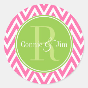 Sticker Rond Monogramme de Chevrons rose et vert