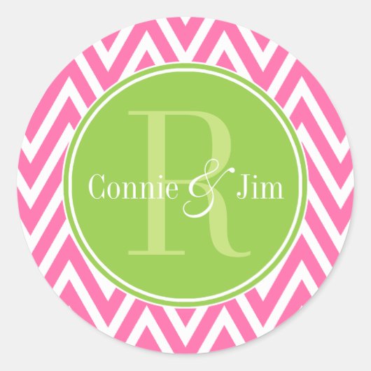 Sticker Rond Monogramme de Chevrons rose et vert (Devant)