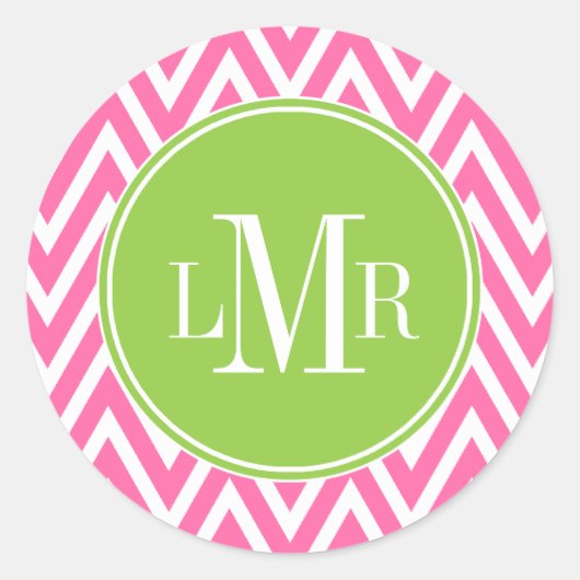 Sticker Rond Monogramme de Chevrons rose et vert (Devant)