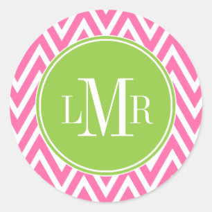 Sticker Rond Monogramme de Chevrons rose et vert