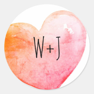 Sticker Rond Monogramme de cœur aquarelle rose orange