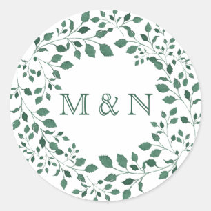 Sticker Rond Monogramme de couronne d'aquarelle Feuille verte