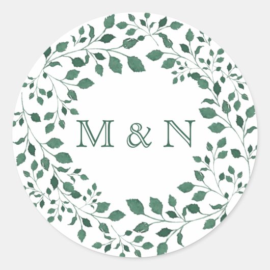 Sticker Rond Monogramme de couronne d'aquarelle Feuille verte (Devant)