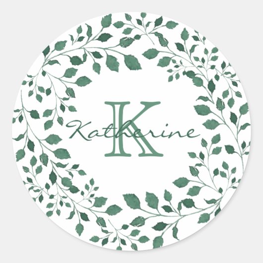 Sticker Rond Monogramme de couronne d'aquarelle Feuille verte (Devant)