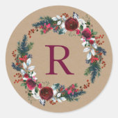 Sticker Rond Monogramme de couronne de Noël Floral (Devant)