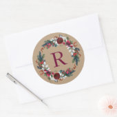 Sticker Rond Monogramme de couronne de Noël Floral (Enveloppe)