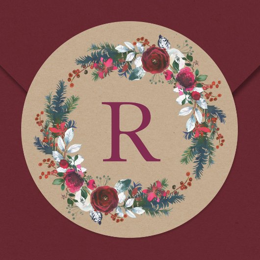 Sticker Rond Monogramme de couronne de Noël Floral